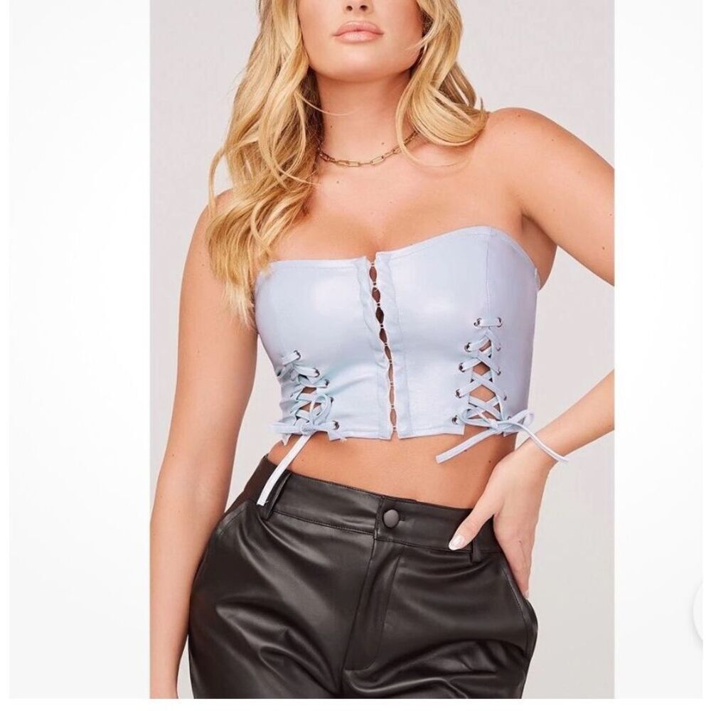 🔥🔥 5/$25 sale 🔥🔥 Tic Toc Light Blue Patent Leather Lace Up High Key Flirt Corset